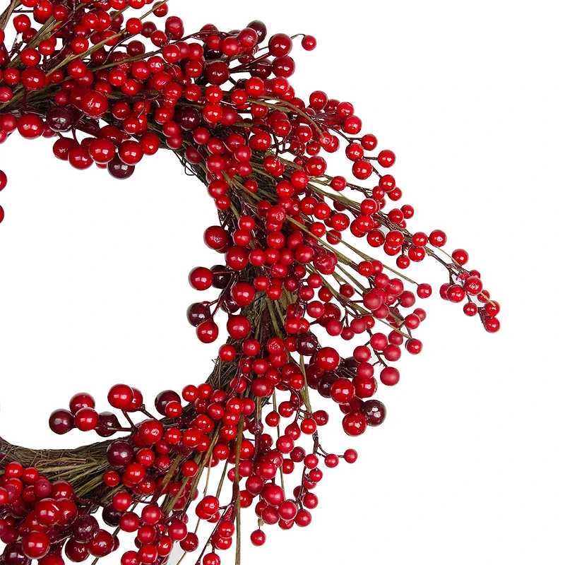 20" Shiny Red Berry Artificial Wreath with Brown Twig Accents, Unlit