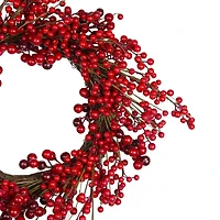 20" Shiny Red Berry Artificial Wreath with Brown Twig Accents, Unlit