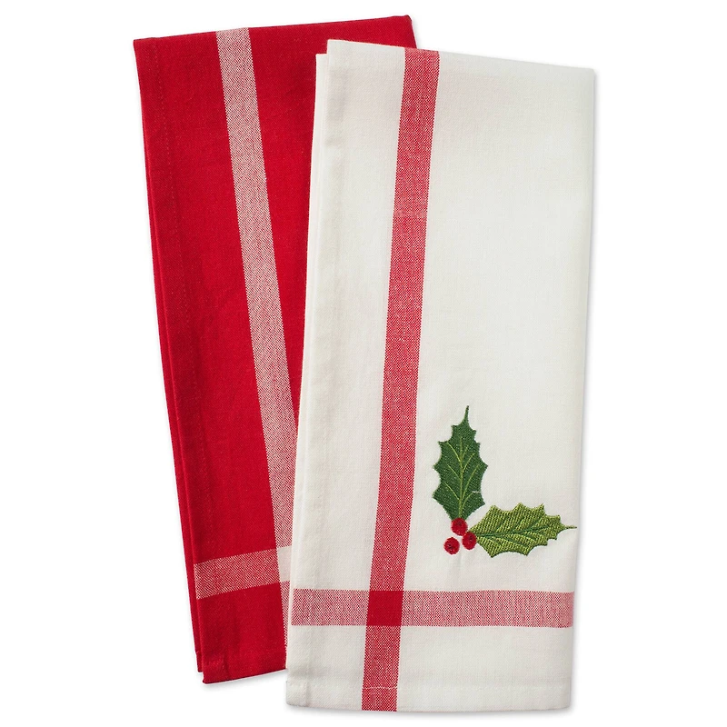 DII® Red & White Stripe Holly & Mistletoe Holiday Embroidered Dishtowel Set