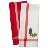 DII® Red & White Stripe Holly & Mistletoe Holiday Embroidered Dishtowel Set