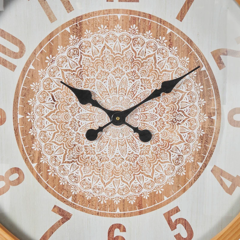 30" Natural Brown & White Mandala Wall Clock