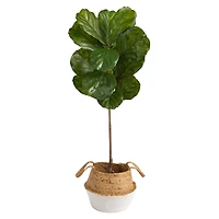4ft. Fiddle Leaf Artificial Tree in Boho Chic Handmade Cotton & Jute Woven Planter UV Resistant (Indoor/Outdoor