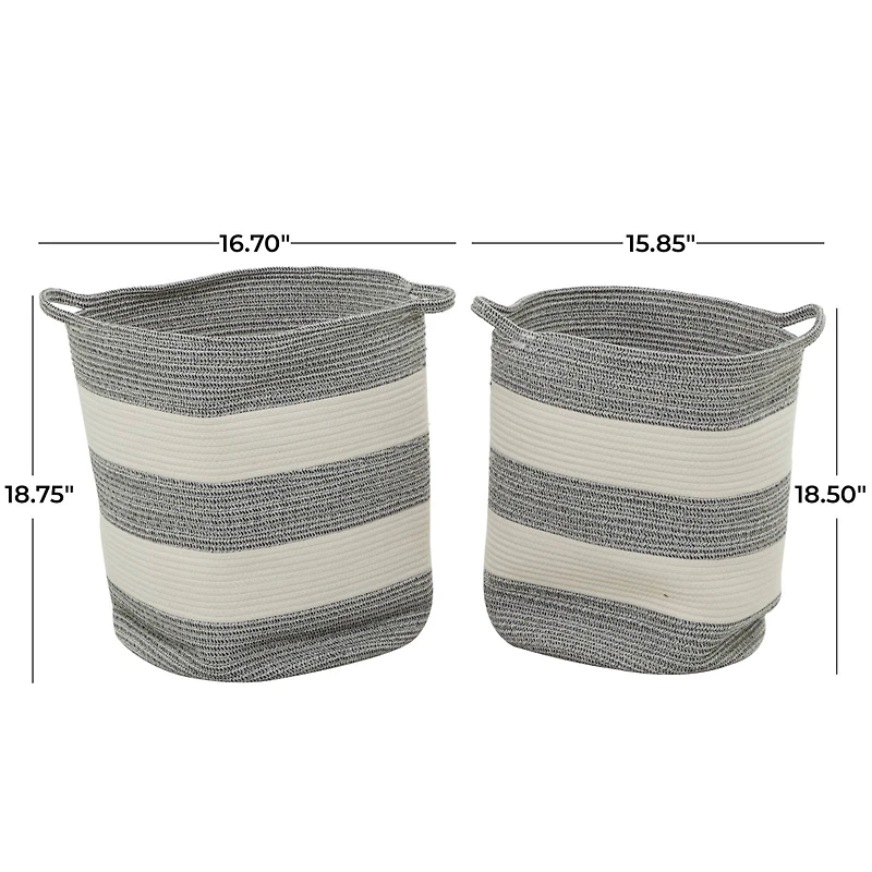 Gray Cotton Handmade Striped Storage Basket with Handles Set of 2 19", 19"