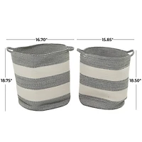 Gray Cotton Handmade Striped Storage Basket with Handles Set of 2 19", 19"