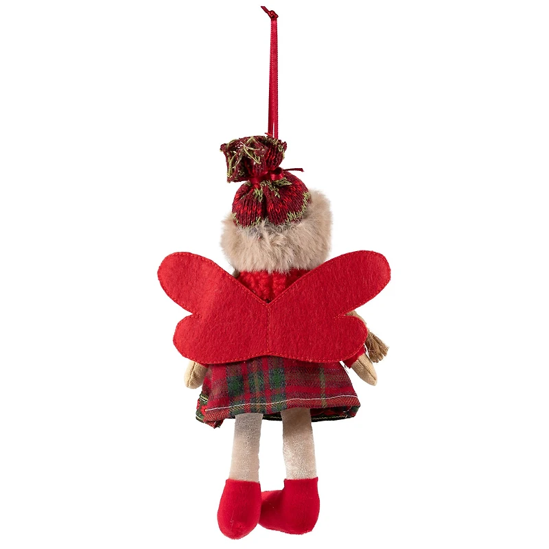Plaid Angel Girl with Jute Pigtails  Christmas Ornament - 8.5" - Red and Beige