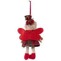 Plaid Angel Girl with Jute Pigtails  Christmas Ornament - 8.5" - Red and Beige