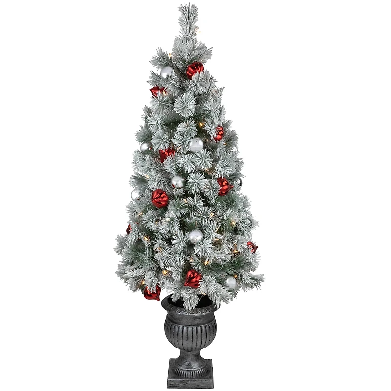 5ft. Pre-Lit Snowy Bristle Pine Artificial Christmas Tree in Silver Urn, Clear Lights
