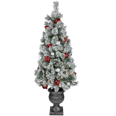 5ft. Pre-Lit Snowy Bristle Pine Artificial Christmas Tree in Silver Urn, Clear Lights