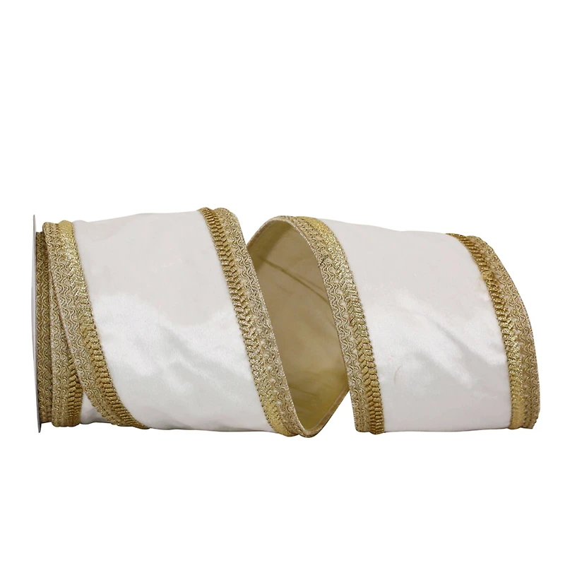 JAM Paper 4" x 5yd. White & Gold Trim Wired Plush Velvet Ribbon