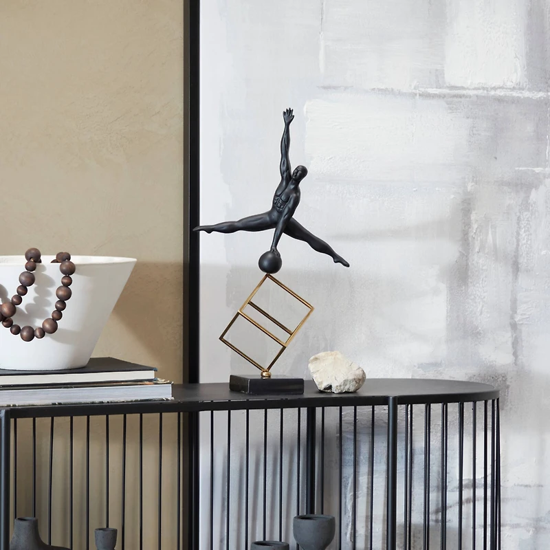 19" Black Marble Gymnast with Gold Cube Sculpture