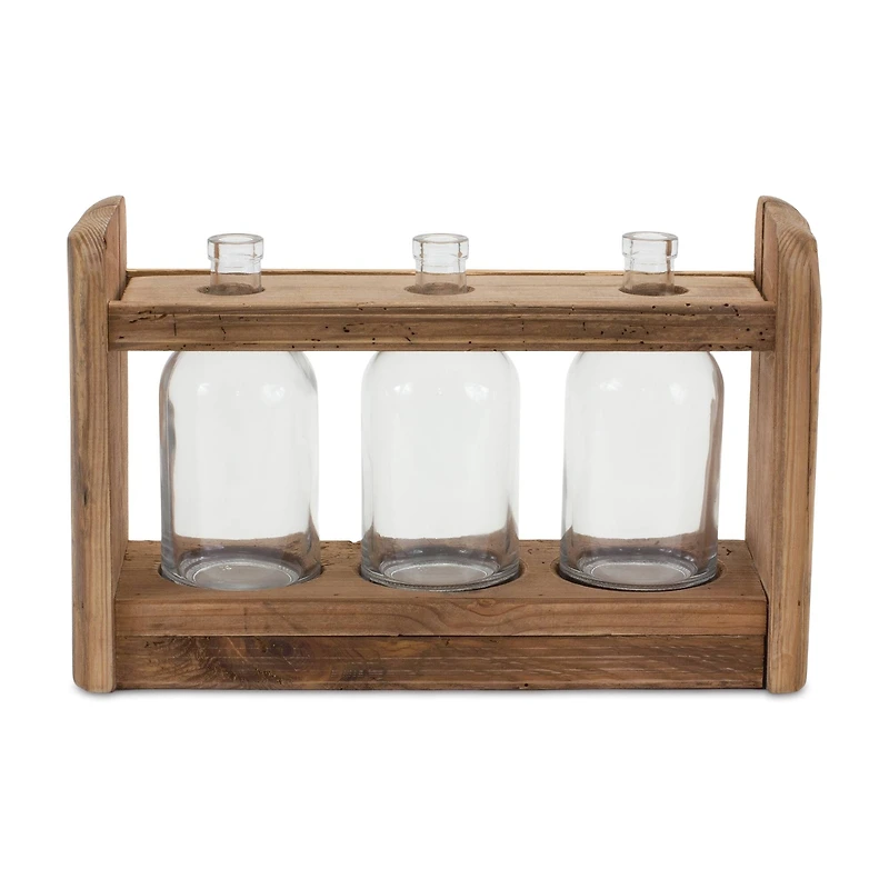 15" Triple Bottle Vases in Wood Stand