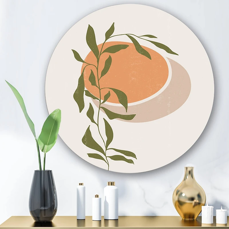 Designart - Abstract Orange Sun and Moon With Tropical Leaf