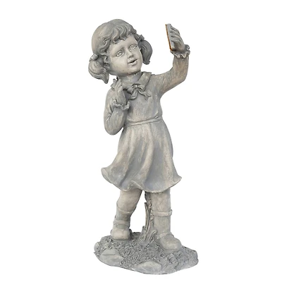 18" Distressed Gray Girl with Cell Phone Solar Powered LED Outdoor Garden Statue