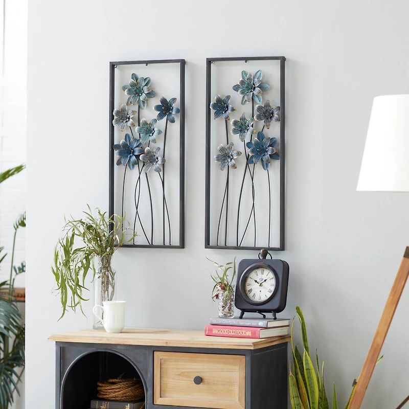 Blue & Gray Framed Floral Metal Wall Accent, 2ct.
