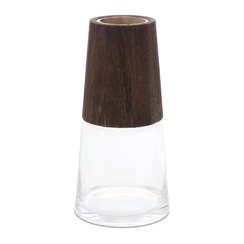 11" Tapered Glass & Wood Vase Set