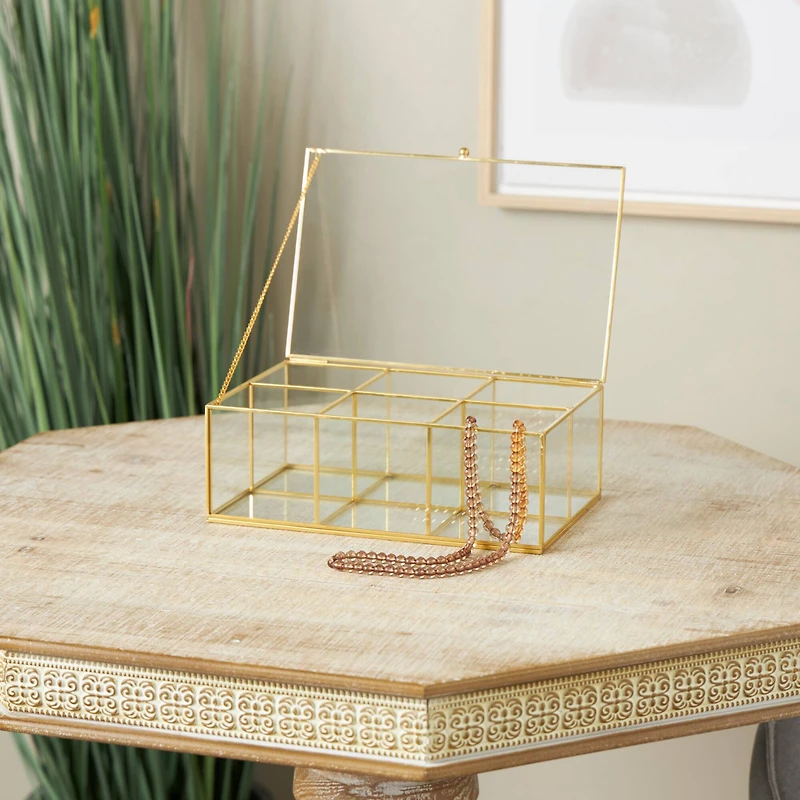 10" x 7" x 4" Clear & Gold 6-Slot Glass & Metal Jewelry Box with Chain Accent