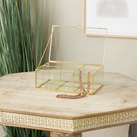 10" x 7" x 4" Clear & Gold 6-Slot Glass & Metal Jewelry Box with Chain Accent