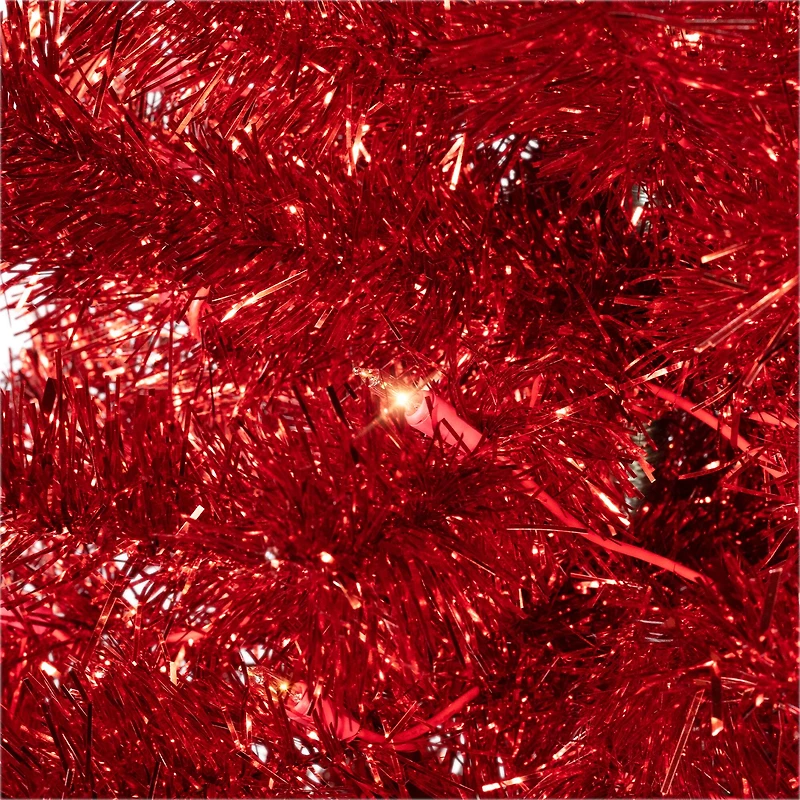 9ft. Pre-Lit Red Artificial Tinsel Christmas Tree, Clear Lights
