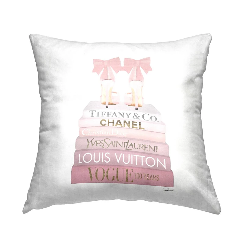 Stupell Industries Pastel Pink Bow Heels Glam Fashion Bookstack Throw Pillow, 18" x 18"