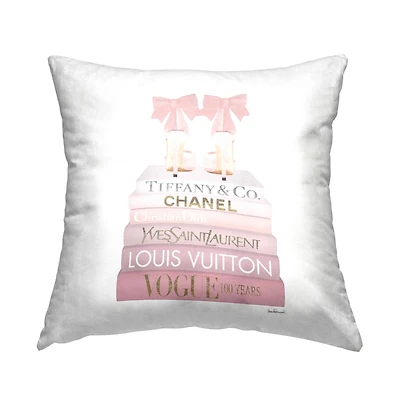Stupell Industries Pastel Pink Bow Heels Glam Fashion Bookstack Throw Pillow, 18" x 18"