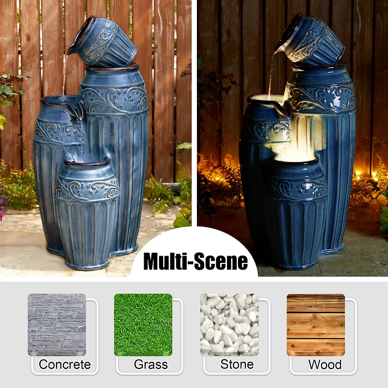 Glitzhome® 35.5" 4-Tier LED Turquoise Embossed Ceramic Pots Outdoor Floor Fountain