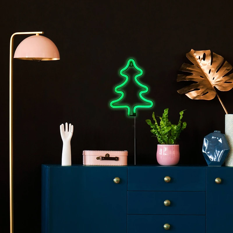 9.5" Green Neon LED Christmas Tree Window Silhouette