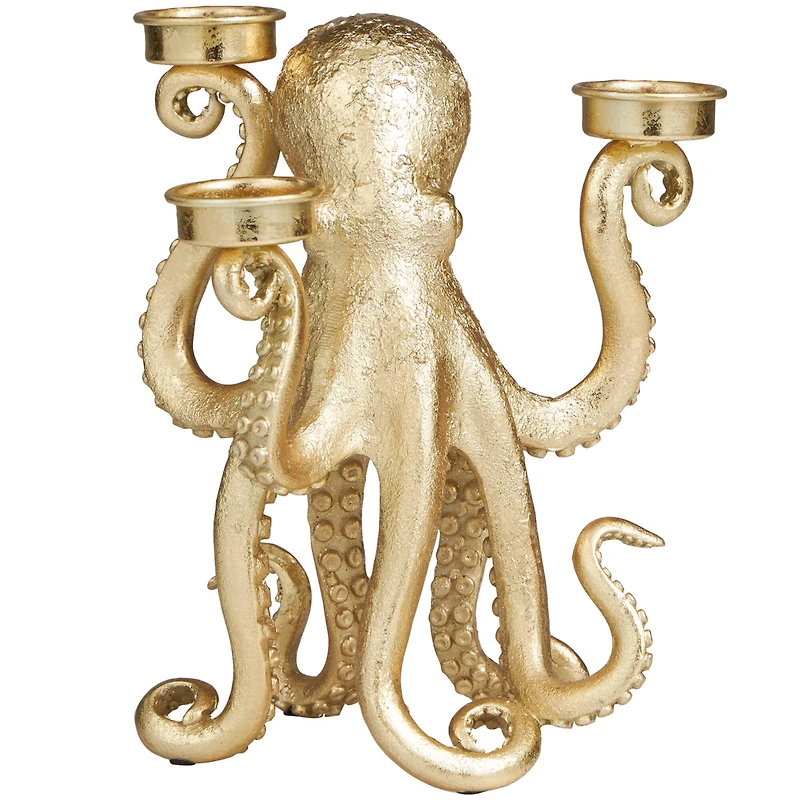 9" Gold Polystone Textured Octopus Candelabra with Tentacle Candle Slots