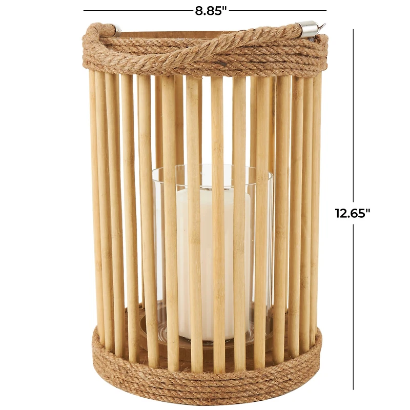 13" Brown Bamboo Handmade Open Framed Caged Candle Lantern with Rope Handle