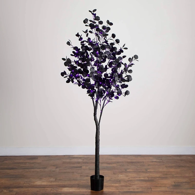 7ft. Pre-Lit Artificial Halloween Black Eucalyptus Tree with 420 Orange & Purple LED Lights