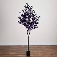 7ft. Pre-Lit Artificial Halloween Black Eucalyptus Tree with 420 Orange & Purple LED Lights
