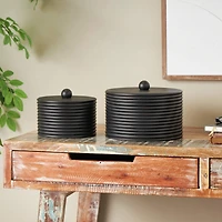 Black Wooden Round Ribbed Storage Box Set