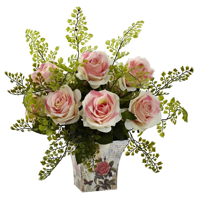 13" Light Pink Rose & Maiden Hair Arrangement in Floral Planter