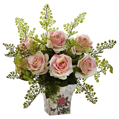 13" Light Pink Rose & Maiden Hair Arrangement in Floral Planter