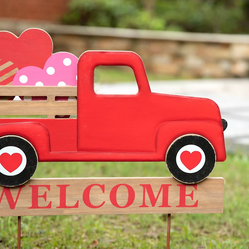 Glitzhome® 24" Metal Wooden Valentine's Truck Yard Stake & Hanging Sign