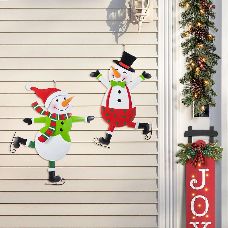 Glitzhome® 36" Metal Christmas Skiing Snowmen Yard Stake Set