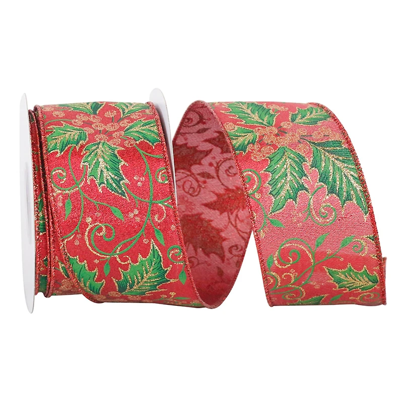 JAM Paper 2.5" x 10yd. Red & Green Holly Leaf Metallic Shimmer Wired Ribbon