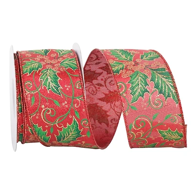 JAM Paper 2.5" x 10yd. Red & Green Holly Leaf Metallic Shimmer Wired Ribbon