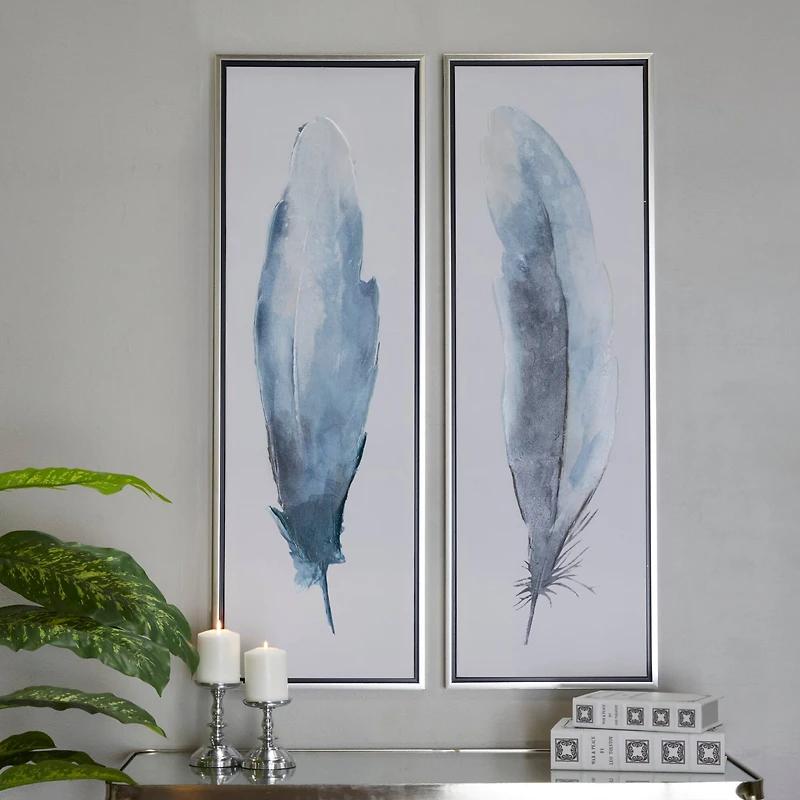 Blue Canvas Feathers Bird Framed Wall Art with Silver Frame Set of 2 16", 47"