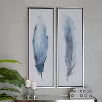 Blue Canvas Feathers Bird Framed Wall Art with Silver Frame Set of 2 16", 47"