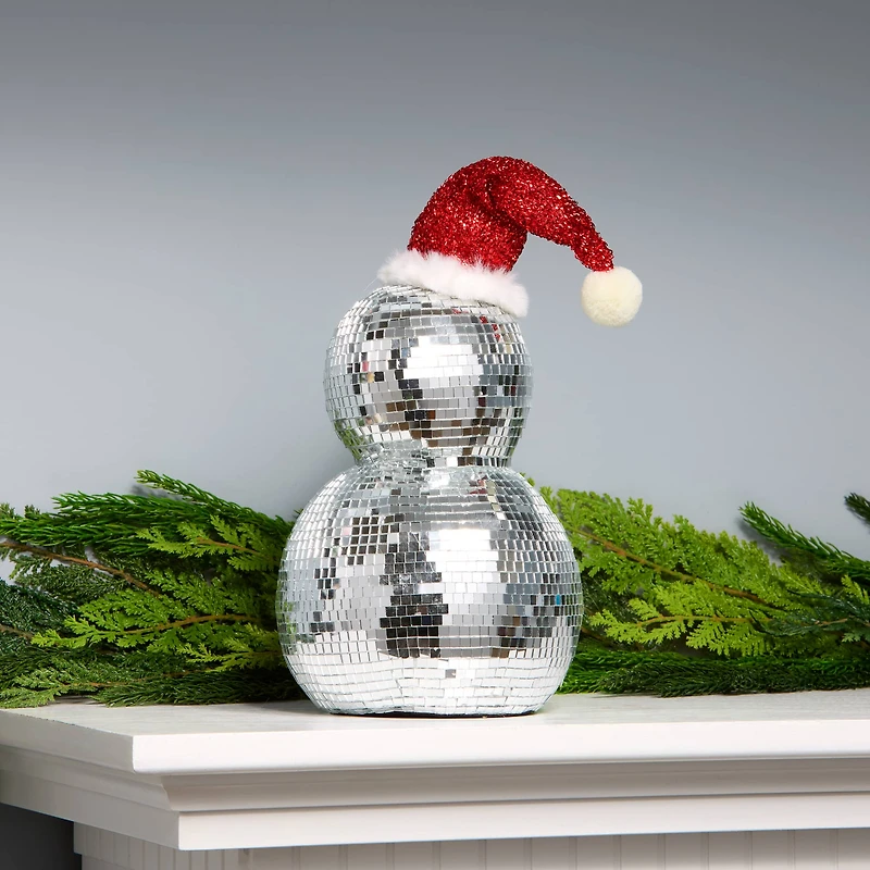 12" Disco Ball Snowman with Red Santa Hat