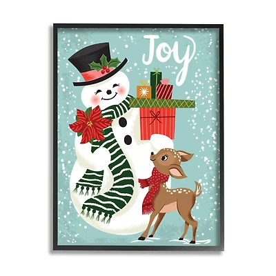 Stupell Industries Joy Smiling Snowman Holiday Deer Framed Giclee Art