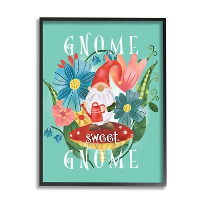 Stupell Industries Gnome Sweet Gnome Phrase Spring Floral Mushroom Garden Framed Wall Art