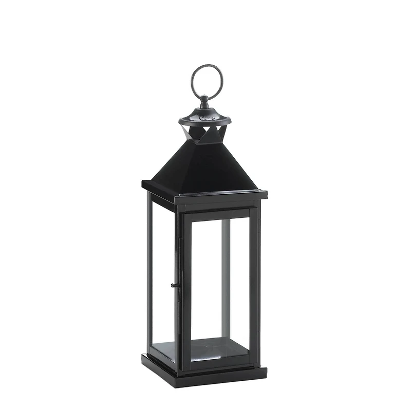 17.5" Glossy Black Iron & Glass Lantern
