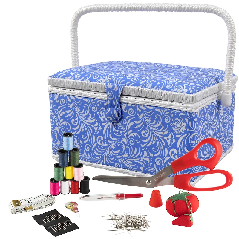 SINGER® Large Blue Deliah Scroll Print Sewing Basket with Sewing Scissors & Notions