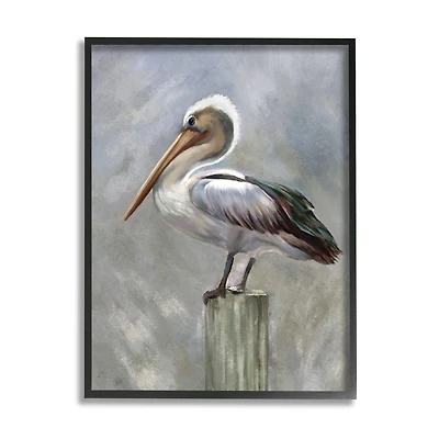 Stupell Industries Pelican Resting on Wooden Pillar Soft Grey Framed Wall Art