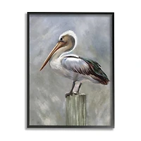 Stupell Industries Pelican Resting on Wooden Pillar Soft Grey Framed Wall Art