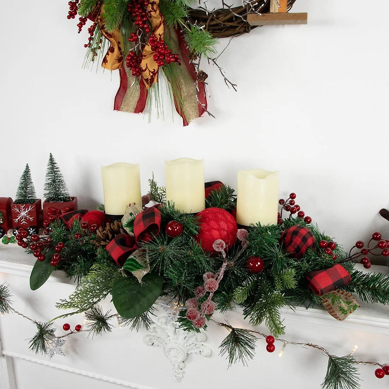30" Green Pine Triple Candle Holder With Bows & Plaid Christmas Ornaments