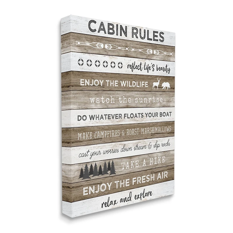 Stupell Industries Cabin Rules Motivational List Rustic Forest Plank Pattern Canvas Wall Art
