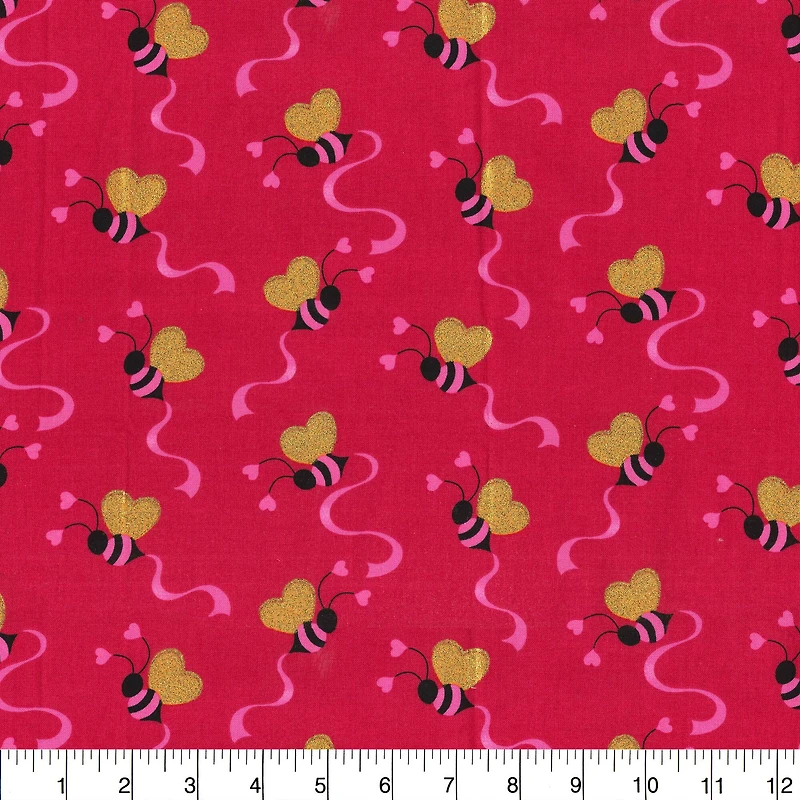 Valentine's Tossed Bees & Hearts Glitter Cotton Fabric