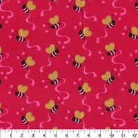 Valentine's Tossed Bees & Hearts Glitter Cotton Fabric